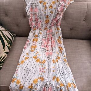 Kori White Midi Dress with Pink and Yellow Floral Pattern